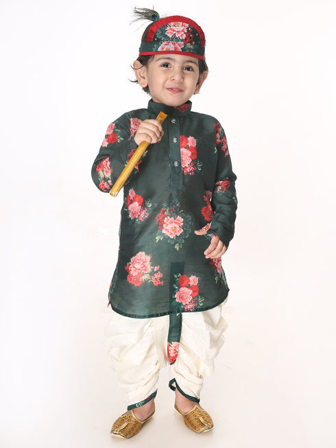 Boy's Multicolor-Base-Green Cotton Blend Kurta And Dhoti Set