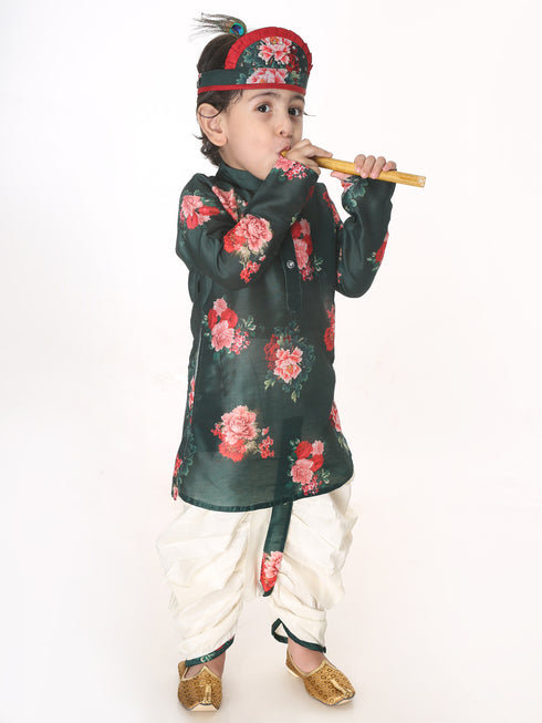 Boy's Multicolor-Base-Green Cotton Blend Kurta And Dhoti Set