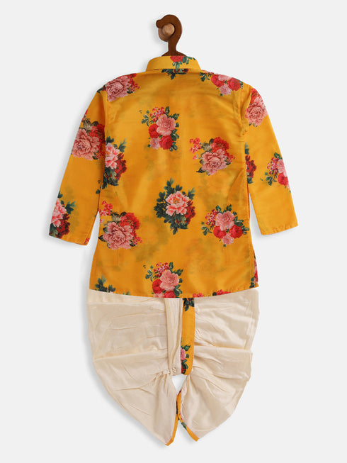 Boy's Multicolor-Base-Yellow Cotton Blend Kurta And Dhoti Set