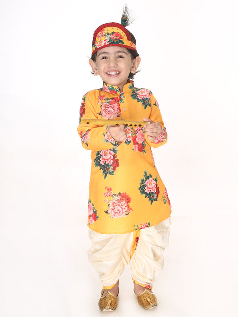 Boy's Multicolor-Base-Yellow Cotton Blend Kurta And Dhoti Set