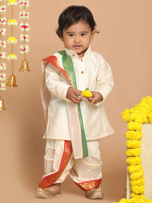 Boy's Cream-Colored Kurta With Dhoti Pants & Dupatta Set