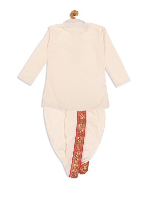 Boy's Cream-Colored Kurta With Dhoti Pants & Dupatta Set