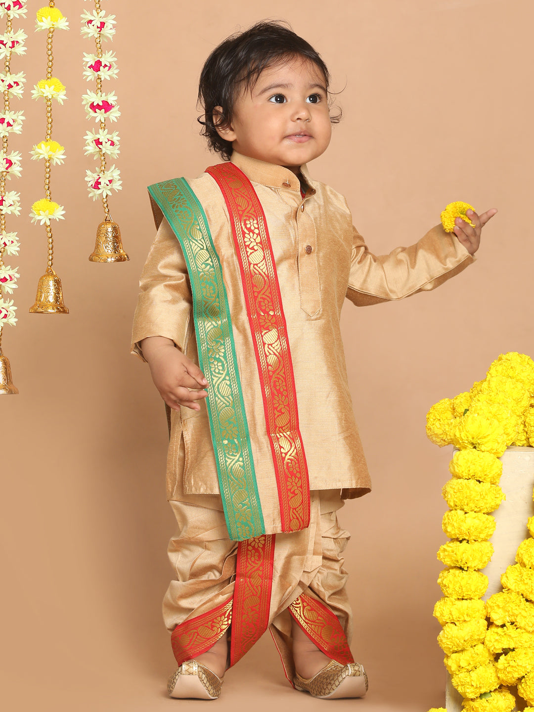 Boy's Rose Gold Kurta With Dhoti Pants & With Dupatta Set