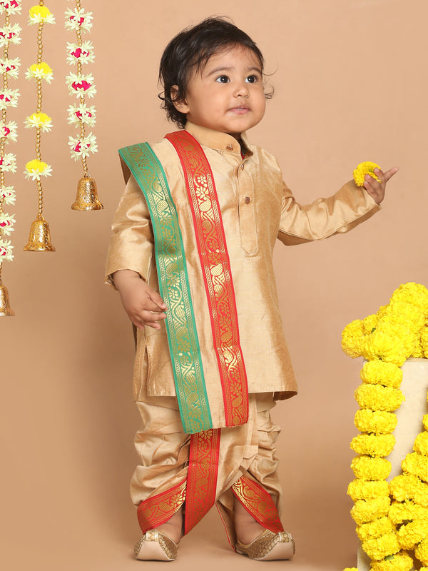 Boy's Rose Gold Kurta With Dhoti Pants & With Dupatta Set