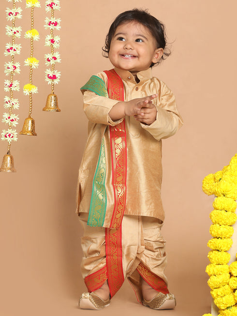 Boy's Rose Gold Kurta With Dhoti Pants & With Dupatta Set