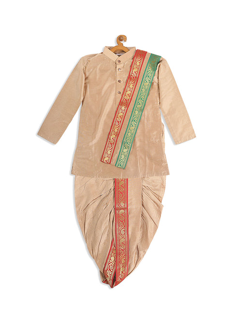 Boy's Rose Gold Kurta With Dhoti Pants & With Dupatta Set