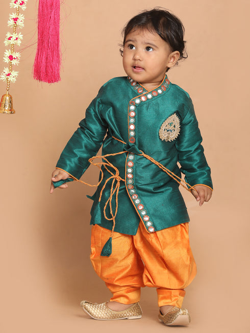 Boy's Green Embroidered Angrakha Mirror Work Kurta With Dhoti Pants