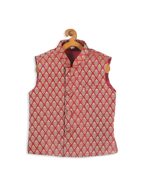 Boy's Gold-Toned & Maroon Woven Design Nehru Jackets