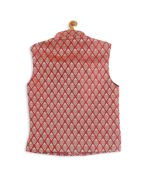 Boy's Gold-Toned & Maroon Woven Design Nehru Jackets
