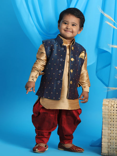Sishu Boy's Blue Booti Woven Design Slim Fit Nehru Jacket And Rose Gold Kurta With Maroon Dhoti Set