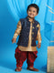 Sishu Boy's Blue Booti Woven Design Slim Fit Nehru Jacket And Rose Gold Kurta With Maroon Dhoti Set