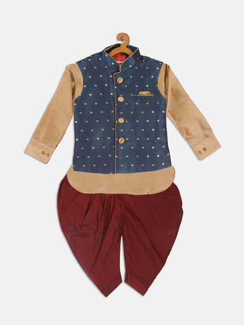 Sishu Boy's Blue Booti Woven Design Slim Fit Nehru Jacket And Rose Gold Kurta With Maroon Dhoti Set
