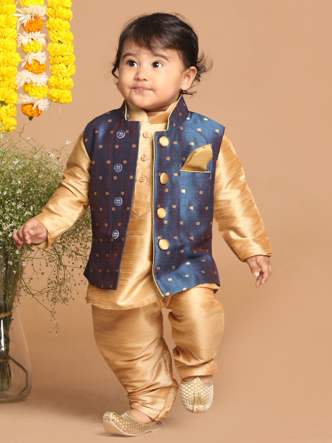 Sishu Boy's Rose Gold Kurta Pyjama With Blue Woven Nehru Jacket