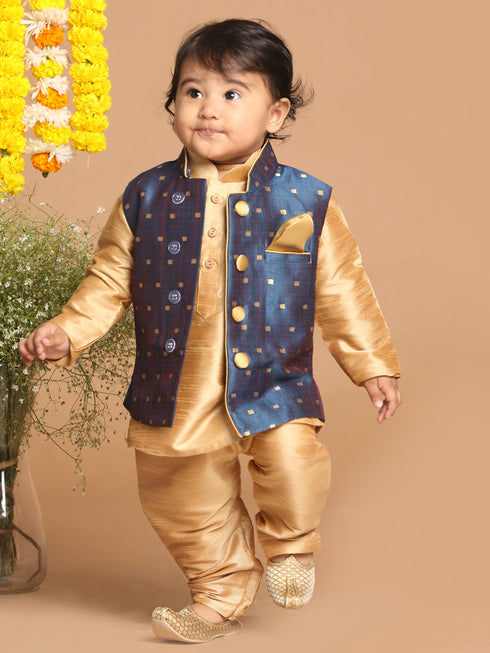 Sishu Boy's Rose Gold Kurta Pyjama With Blue Woven Nehru Jacket
