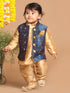 Sishu Boy's Rose Gold Kurta Pyjama With Blue Woven Nehru Jacket