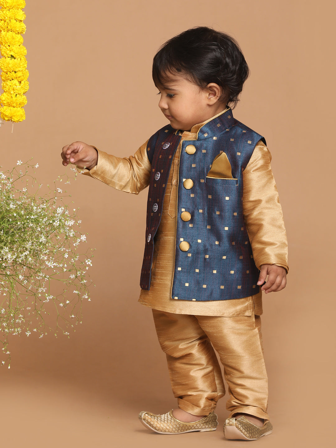Sishu Boy's Rose Gold Kurta Pyjama With Blue Woven Nehru Jacket
