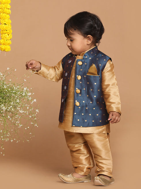 Sishu Boy's Rose Gold Kurta Pyjama With Blue Woven Nehru Jacket