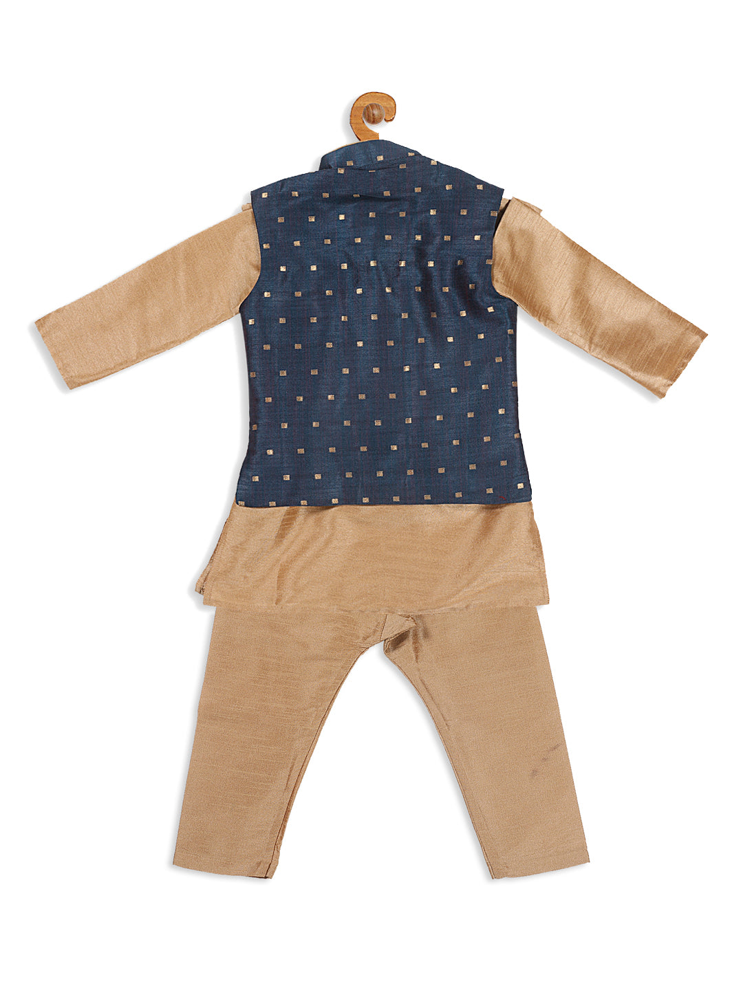 Sishu Boy's Rose Gold Kurta Pyjama With Blue Woven Nehru Jacket
