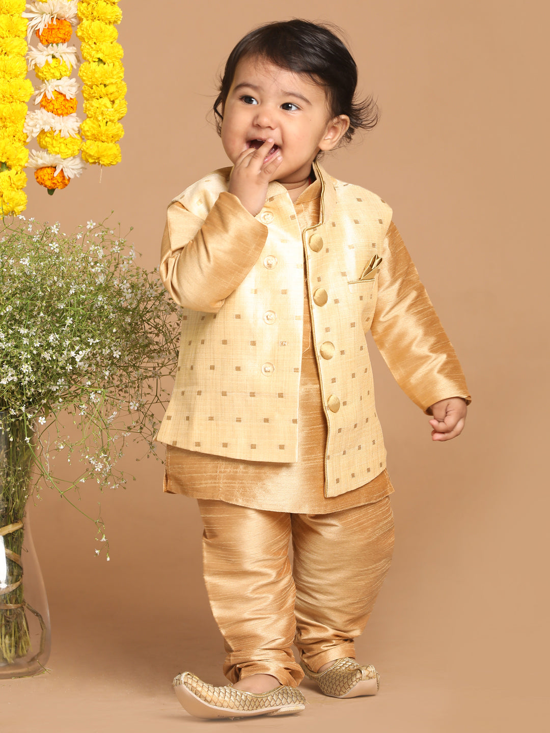Sishu Boy's Rose Gold Kurta And Pajama With Gold Jacket