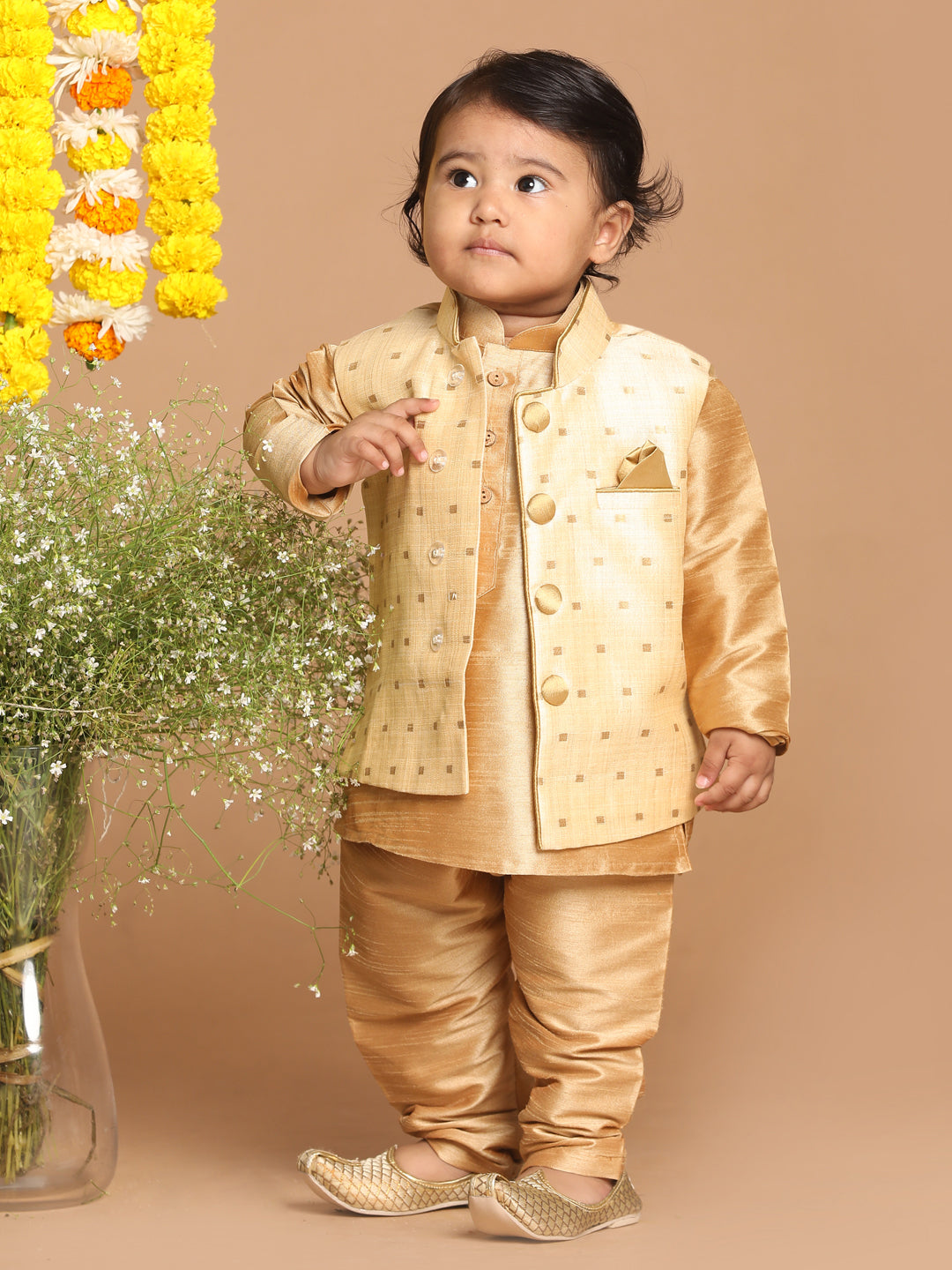 Sishu Boy's Rose Gold Kurta And Pajama With Gold Jacket