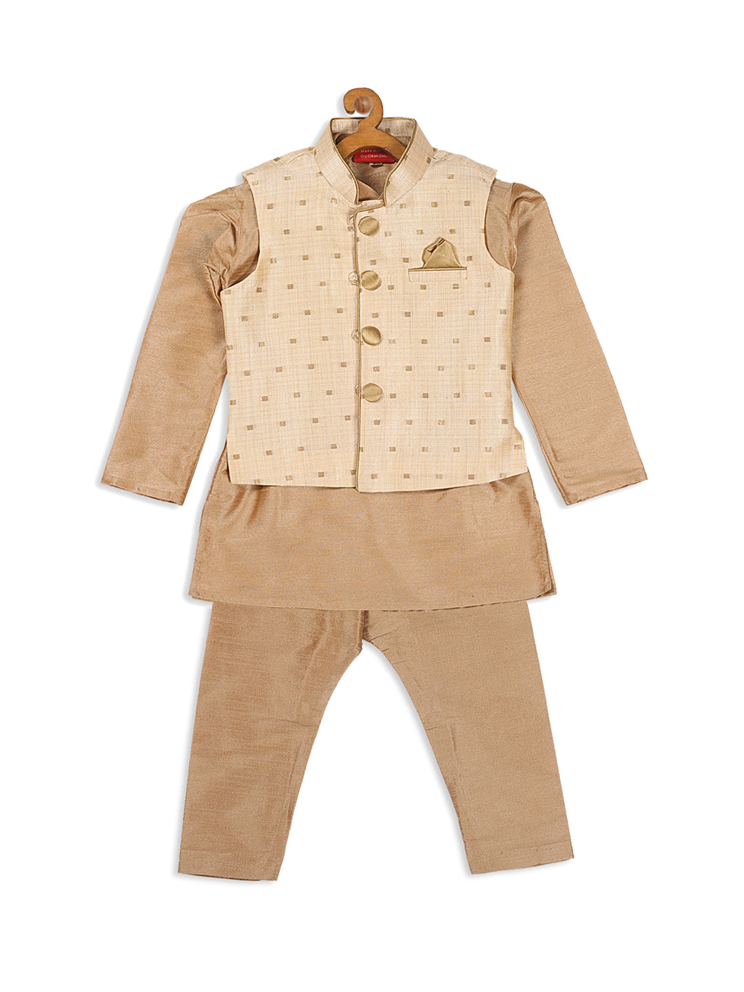 Sishu Boy's Rose Gold Kurta And Pajama With Gold Jacket