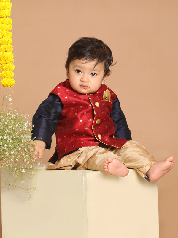 Sishu Boy's Maroon & Gold Toned Woven Design Nehru Jacket