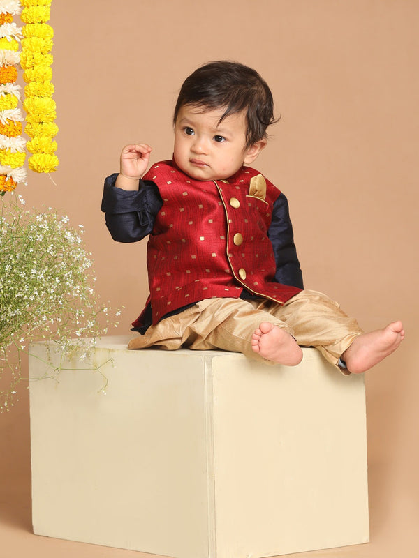 Sishu Boy's Navy Blue Kurta With Rose Gold Dhoti Pants & Maroon Nehru Jacket