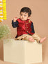 Sishu Boy's Navy Blue Kurta With Rose Gold Dhoti Pants & Maroon Nehru Jacket