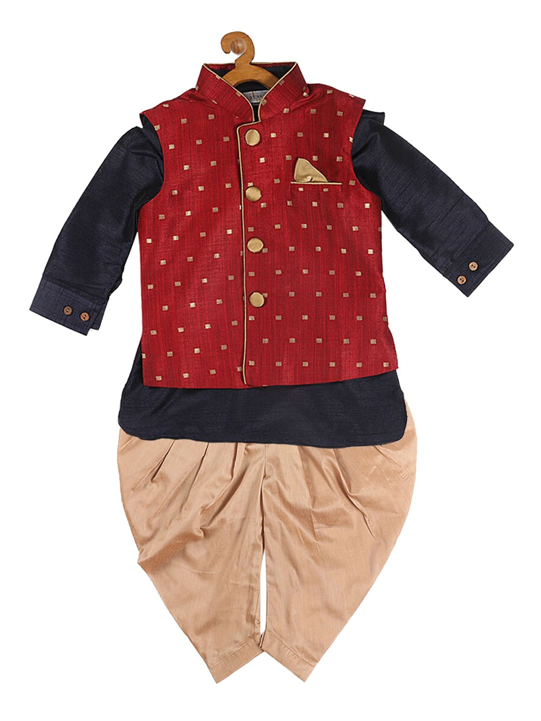 Sishu Boy's Navy Blue Kurta With Rose Gold Dhoti Pants & Maroon Nehru Jacket