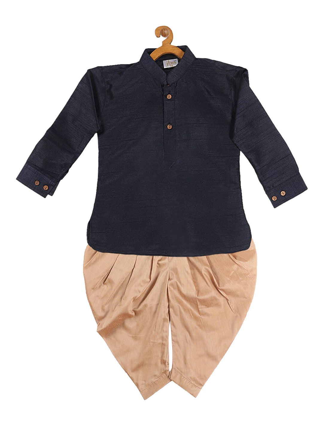 Sishu Boy's Navy Blue Kurta With Rose Gold Dhoti Pants & Maroon Nehru Jacket