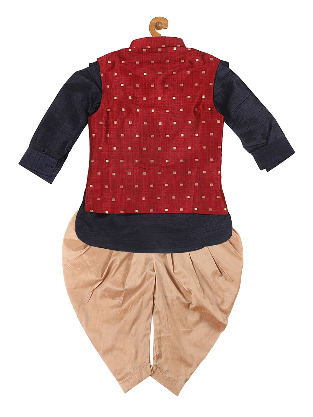 Sishu Boy's Navy Blue Kurta With Rose Gold Dhoti Pants & Maroon Nehru Jacket