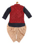 Sishu Boy's Navy Blue Kurta With Rose Gold Dhoti Pants & Maroon Nehru Jacket