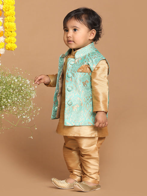 Sishu Boy's Green & Gold-Toned Woven Design Slim-Fit Nehru Jacket