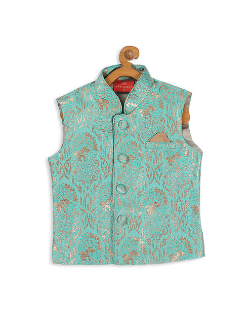 Sishu Boy's Green & Gold-Toned Woven Design Slim-Fit Nehru Jacket