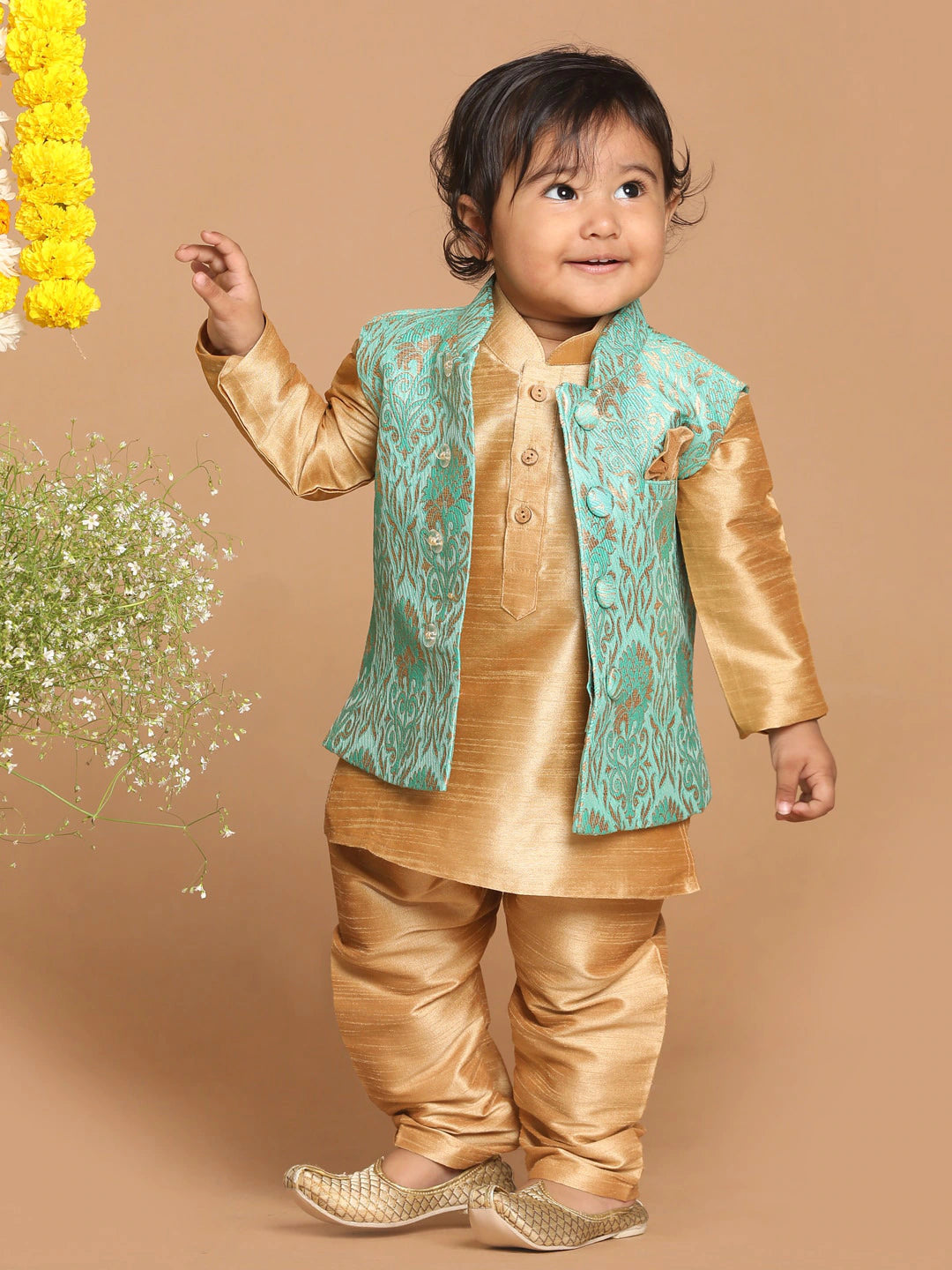 Sishu Boy's Rose Gold & Green Kurta Set With Nehru Jacket