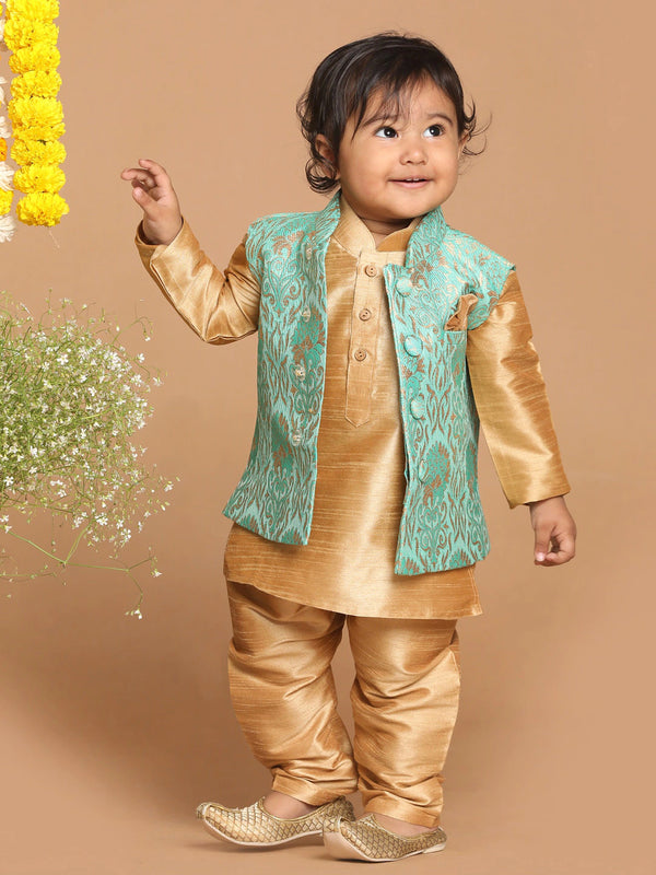 Sishu Boy's Rose Gold & Green Kurta Set With Nehru Jacket