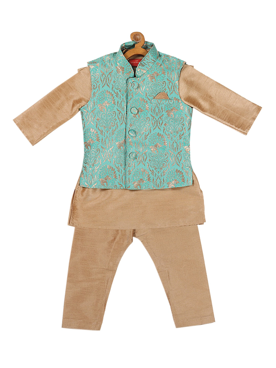 Sishu Boy's Rose Gold & Green Kurta Set With Nehru Jacket