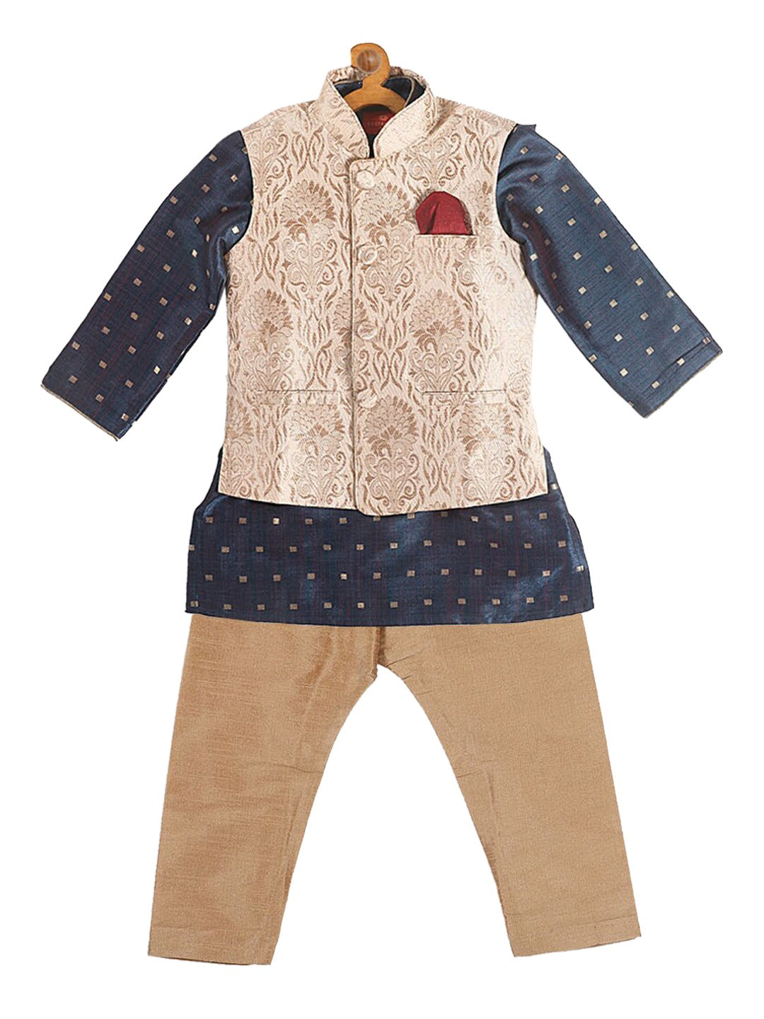 Boy's Blue Printed Kurta With Rose Gold Pyjamas & Nehru Jacket