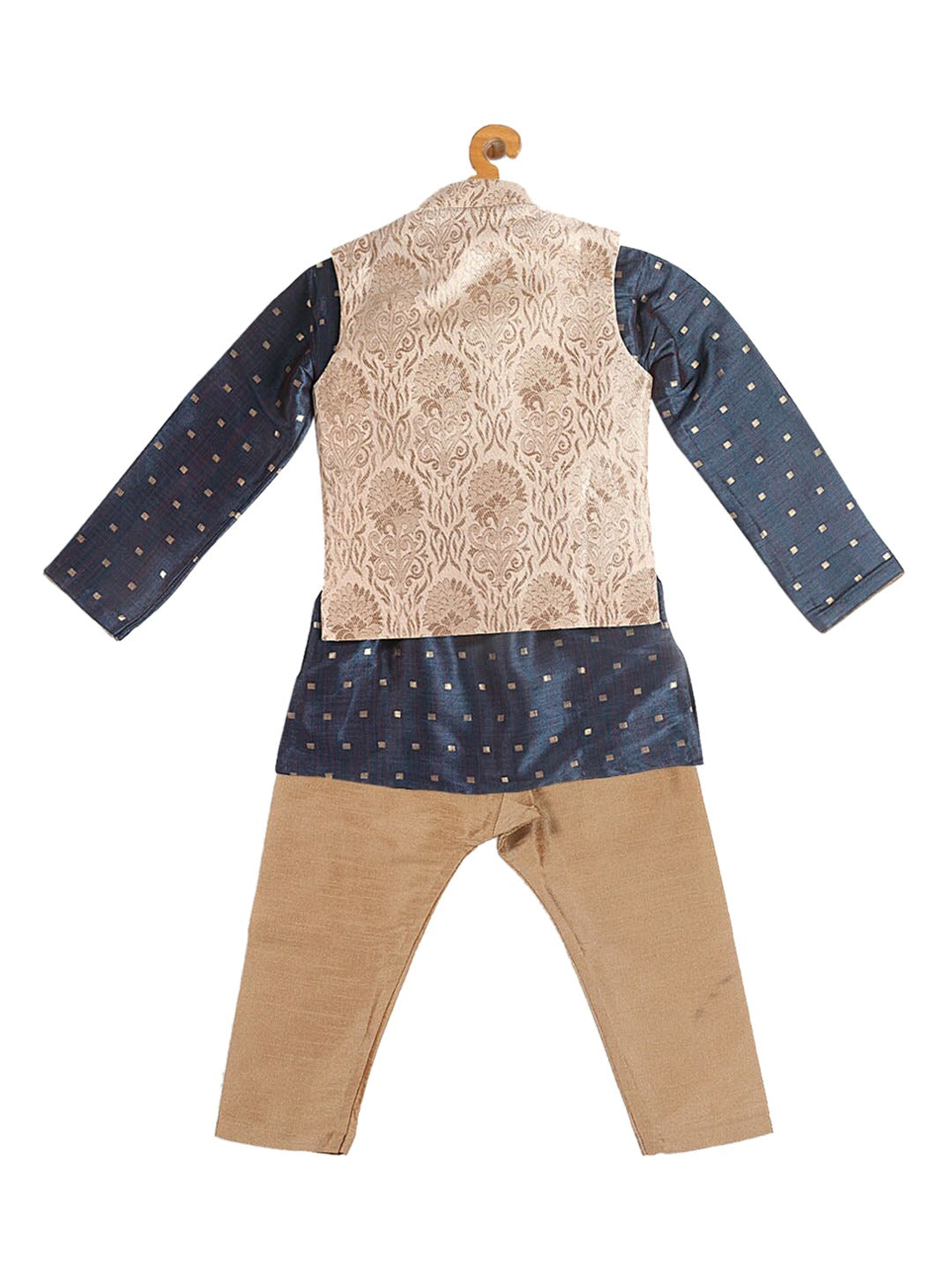 Boy's Blue Printed Kurta With Rose Gold Pyjamas & Nehru Jacket
