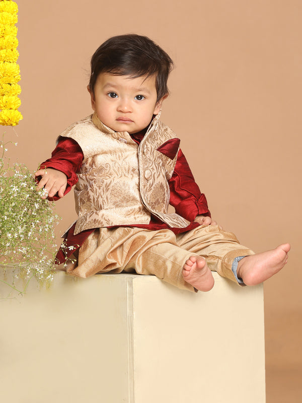 Boy's Maroon Kurta With Rose Gold Dhoti Pant & Nehru Jacket Set