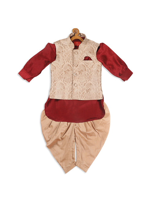 Boy's Maroon Kurta With Rose Gold Dhoti Pant & Nehru Jacket Set