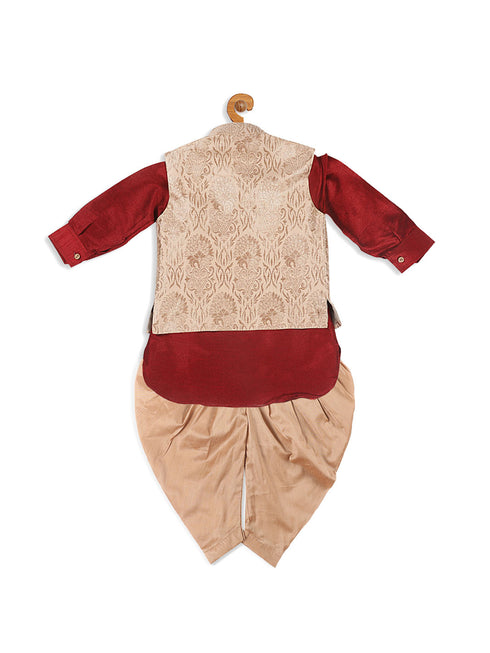 Boy's Maroon Kurta With Rose Gold Dhoti Pant & Nehru Jacket Set
