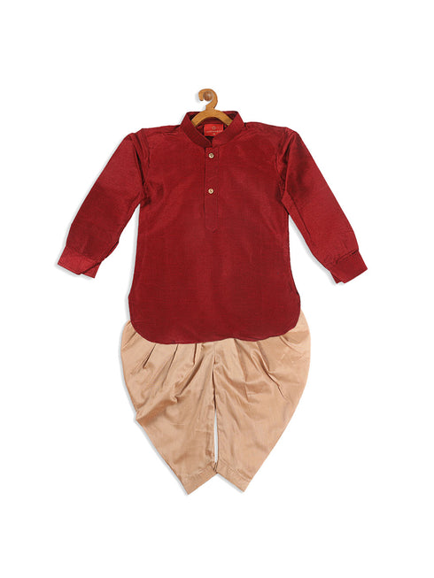 Boy's Maroon Kurta With Rose Gold Dhoti Pant & Nehru Jacket Set
