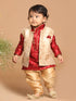 Sishu Boy's Maroon Ethnic Motifs Woven Design Kurta With Rose Gold Pyjama And Jacket