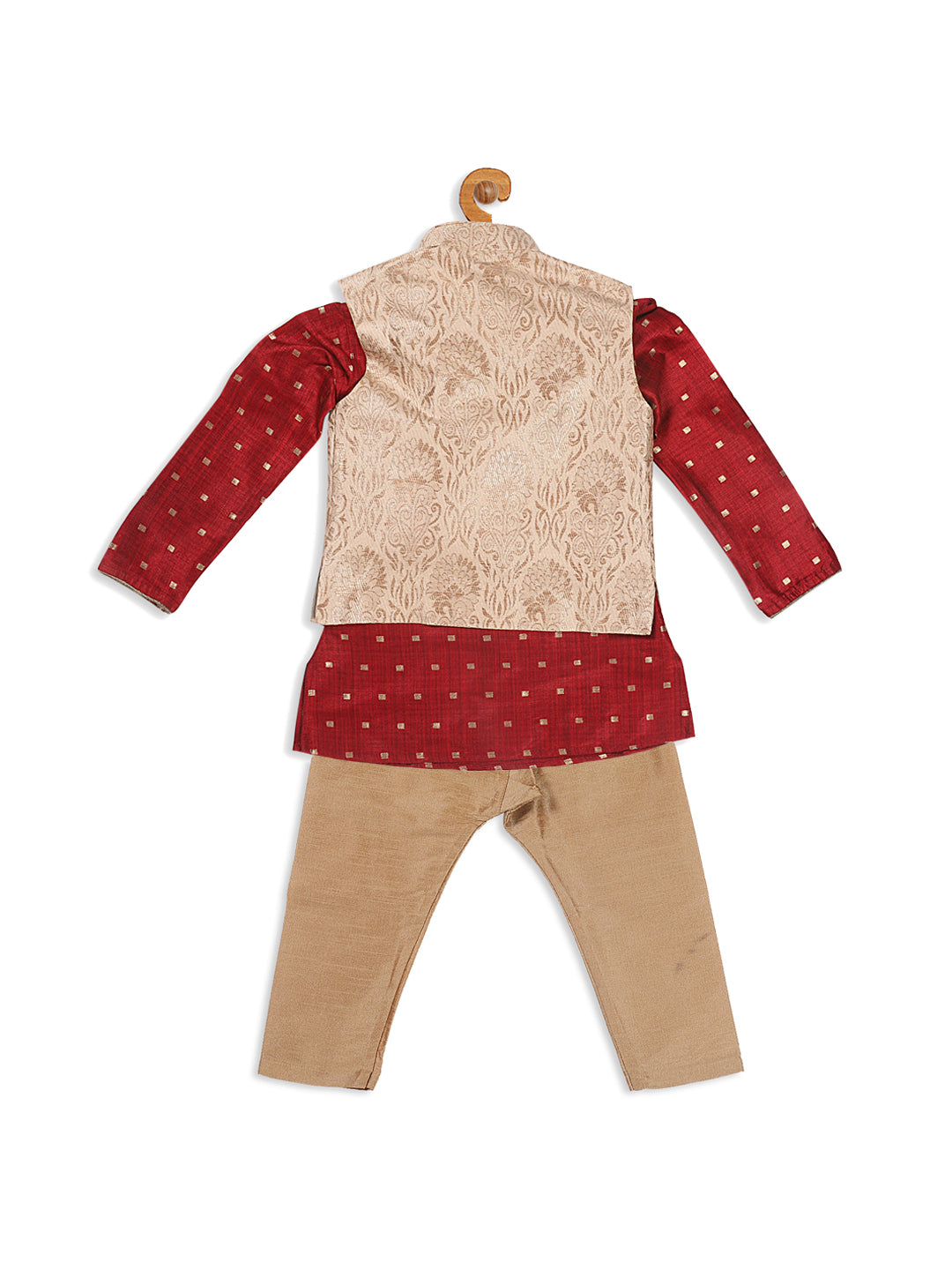 Sishu Boy's Maroon Ethnic Motifs Woven Design Kurta With Rose Gold Pyjama And Jacket