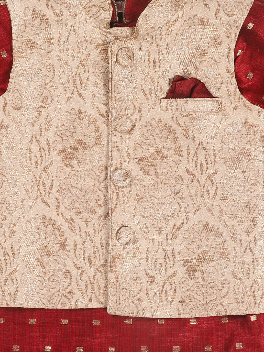 Sishu Boy's Maroon Ethnic Motifs Woven Design Kurta With Rose Gold Pyjama And Jacket
