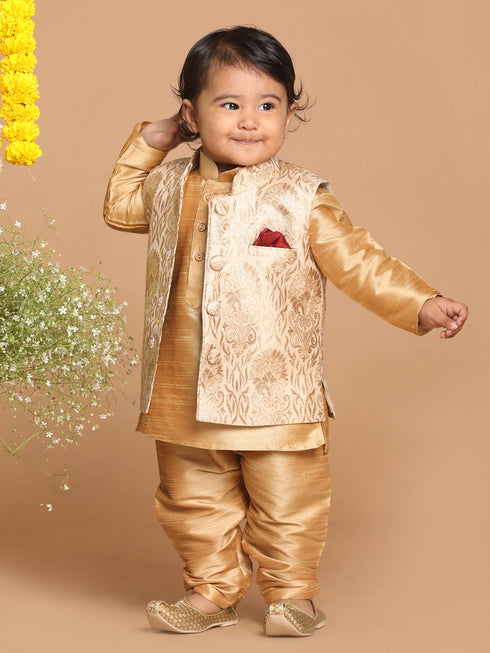 Sishu Boy's Rose Gold Printed Pyjama Set With Nehru Jacket