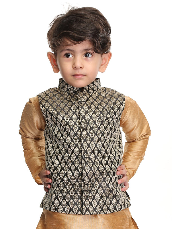 Sishu Boy's Black And Gold Silk Blend Nehru Jacket