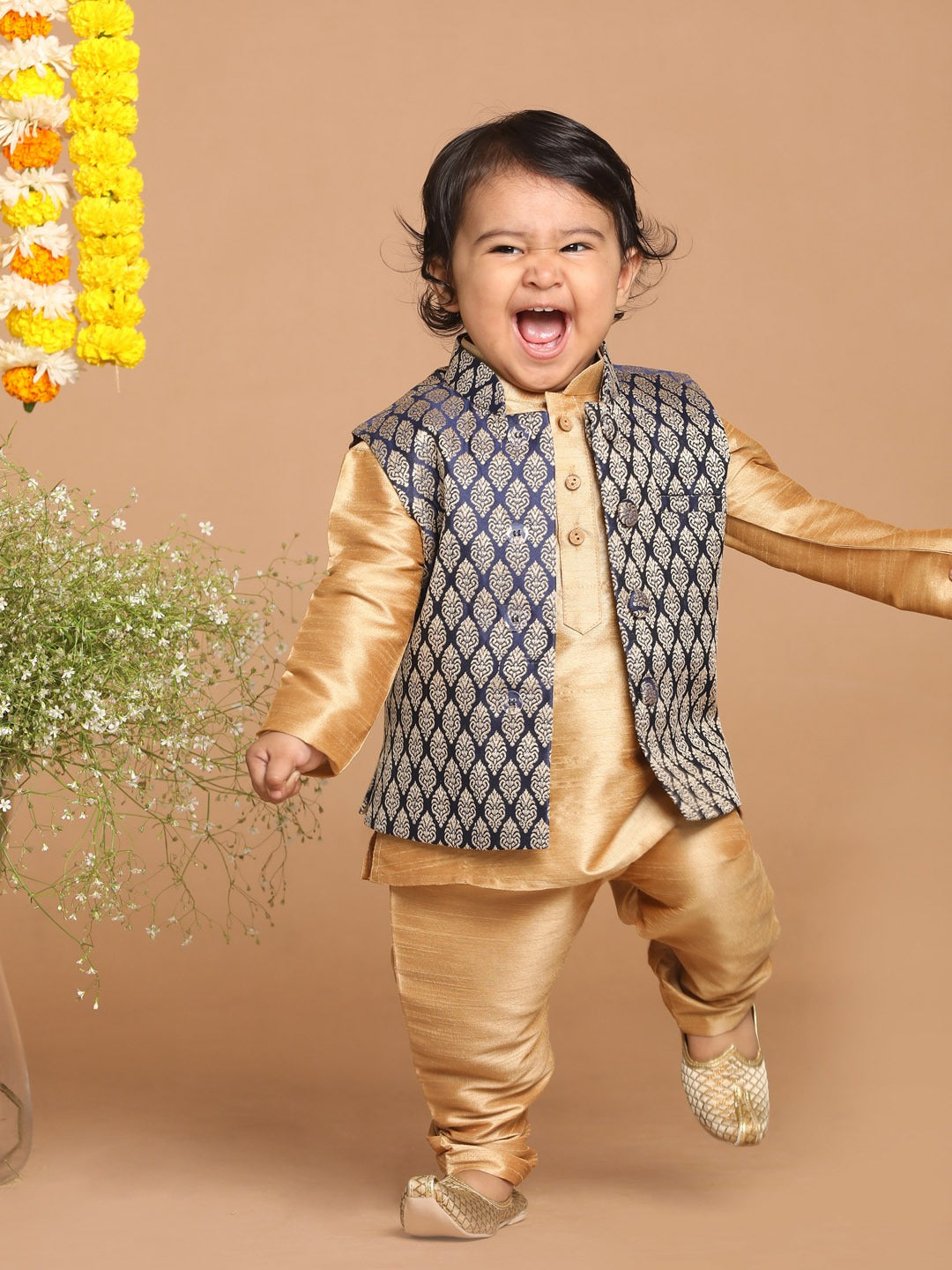 Sishu Boy's Gold-Toned & Blue Kurta With Pyjama & Nehru Jacket