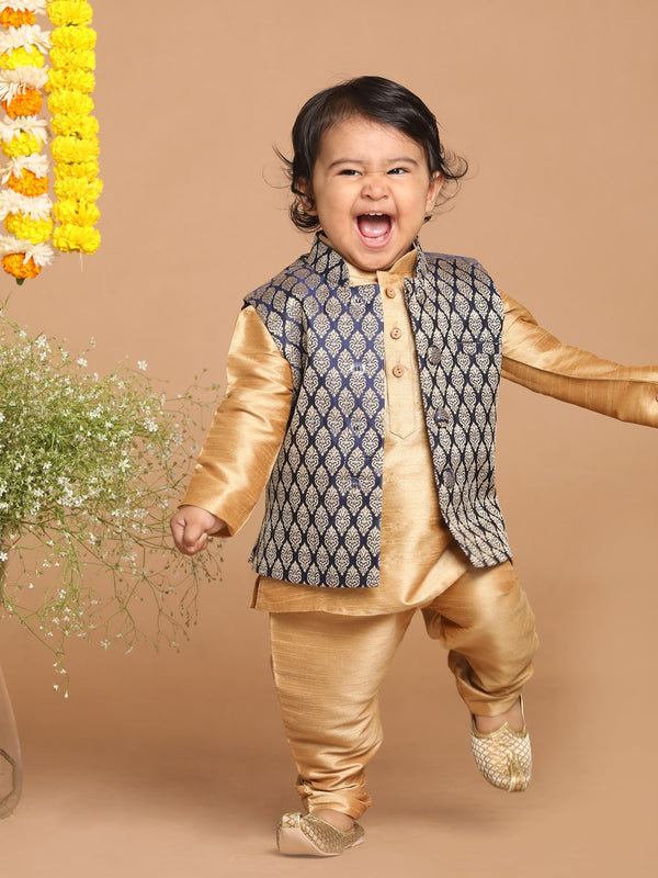 Sishu Boy's Gold-Toned & Blue Kurta With Pyjama & Nehru Jacket